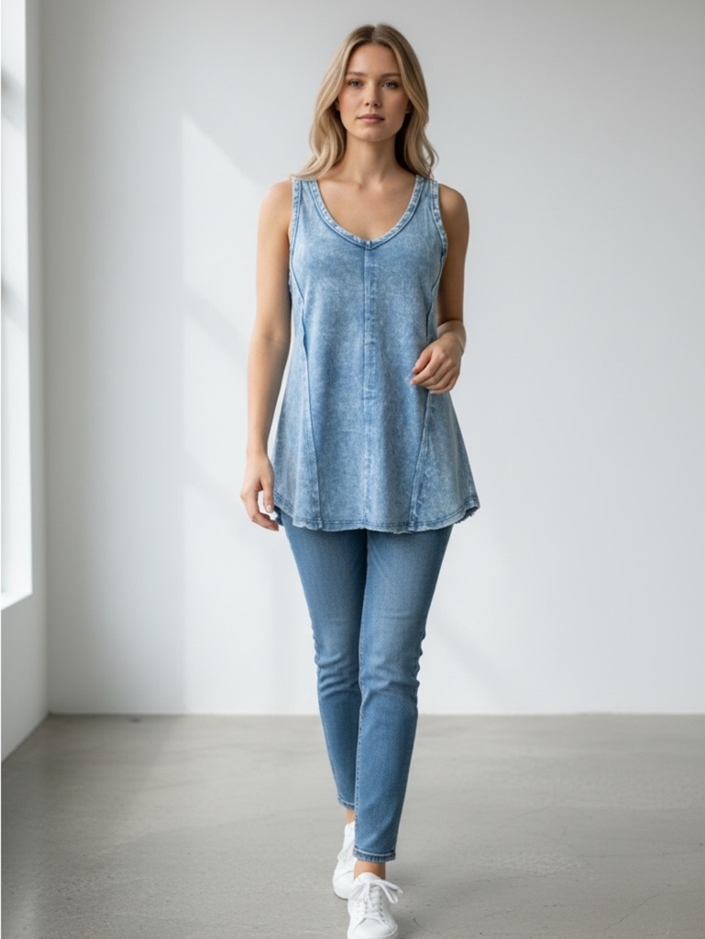 Zenana Outfitters Light Wash Denim A-Line Tank - Blue